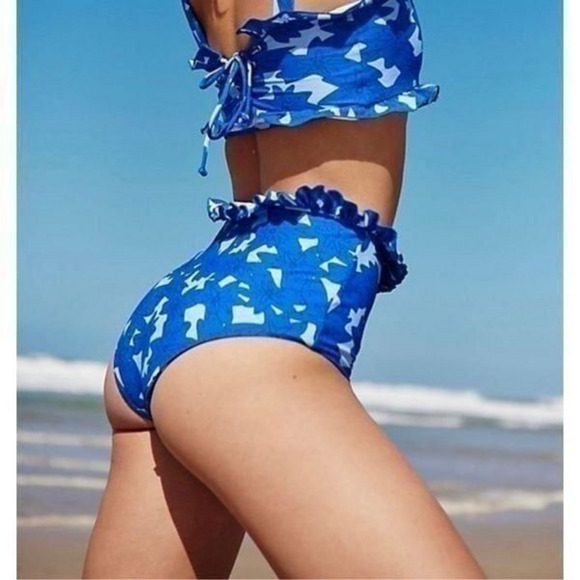 NWT‎ Free People Citrine High Waisted Ivy Blue Ruffle Bikini Bottoms S - Picture 2 of 8